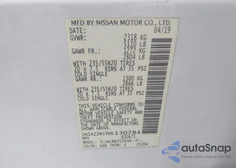 2019 Nissan Murano Sl z USA, uszkodzony, nr VIN 5N1AZ2MJ3KN130784